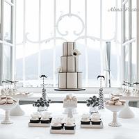 Black and white themed wedding cake