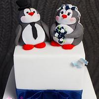 Square mini cake tower with penguin toppers