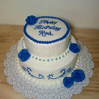 Blue and white birthday cake
