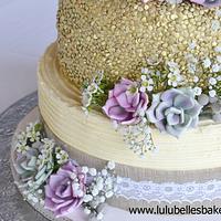 Gold sequins and succulent wedding cake