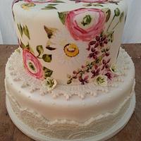 Hand painted Ranunculus, Hydrangeas and Gerbera Wedding cake