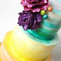 Colourful Watercolour Cake with Handmade Glitter Peonies 