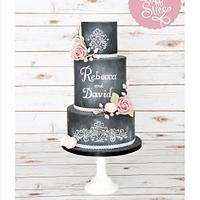 Pretty Chalkboard Wedding Cake with Pink Roses