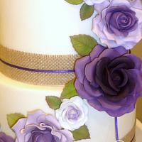 Hessian & Deep violet roses wedding cake