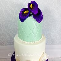 Mint color and purple wedding cake with gumpaste calla lillies