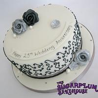Silver Anniversary Cake - Black, White & Silver - Filigree