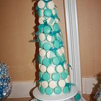 Teal and white macaron tower