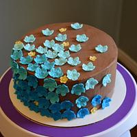 Chocolate Cake with Blue Flowers