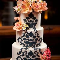 Damask and Sugar Flower Wedding Cake
