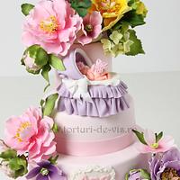 Pink Christening cake with flowers