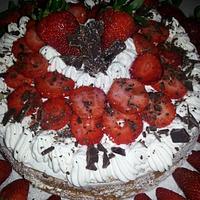 cake with dark chocolate, fresh strawberries and whipped cream