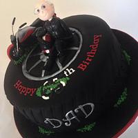 Motorcyclist and bike - wheel shaped cake