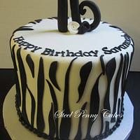 Sweet 16 zebra striped cake- rainbow cake inside!