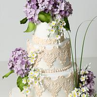 Lace and Hydrangea Wedding Cake