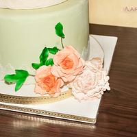 Vintage wedding cake with roses and peonies