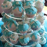 Caramel and Teal Dragonfly cake and cupcakes
