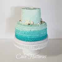 Sea Glass Colored Beach Wedding Cake and Cupcakes