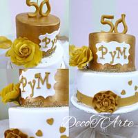 Gold and white wedding cake for Golden wedding anniversary