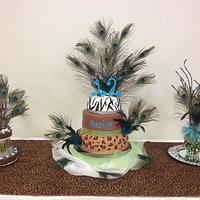 Zebra print, leopard print, peacock tier cake , with cookie cake to match 