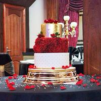 Grand Red Rose Ruffle and Gold Wedding Cake