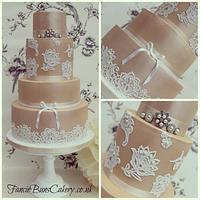 Rose Gold, Lace & Pearls Wedding Cake