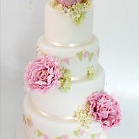 Peone and Bunting Wedding Cake 