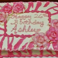 Pink zebra print and roses birthday cake