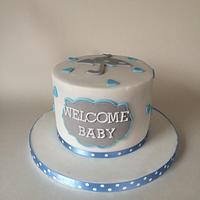 Blue and grey baby shower cake