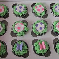 Soccer cake with cupcakes