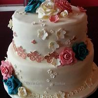 Wedding Cake with Exclusive Hand Crafted Gold Painted Lace  with Vintage Roses 