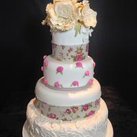 4 Tier Peony Wedding Cake with Lace and Hessian Burlap
