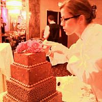 Chocolate wedding cake, hot pink peonies