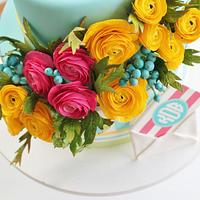 Bright Sugar Flowers and Stripes Birthday Cake 