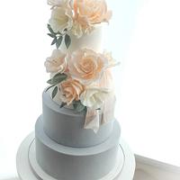 Grey peach summer wedding cake 