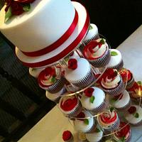 Red Velvet wedding cake and cupcake tower