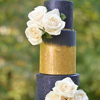 glitzy blue and gold 'bedazzled shoot"wedding cake