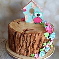 Tree Stump Bird House Cake
