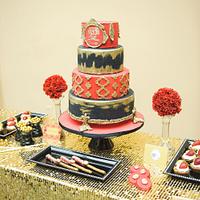 Black red and  gold  cake sweet table