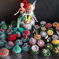 my first real cupcakes - Ariel & Tinkerbell inspired garden flower cupcakes