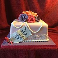 60th Square Roses and Pearl Cake