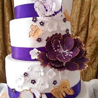 purple and gold peony wedding cake 