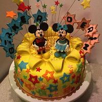 Birthday cake for twins with Mickey and Minnie mouse