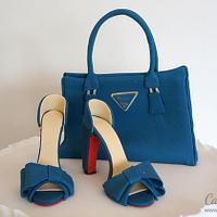 Blue Ruffle Cake with a Bag & Shoes