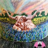 Texas Longhorn in Bluebonnets Hand Painted Cake