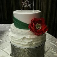 Sugar peony & fondant ruffles, artwork & sugar veil bow on back of cake