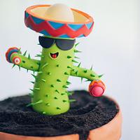 "Dancing" Sugar Figure Cartoon Cactus Birthday Cake I First Fiesta Birthday Cake