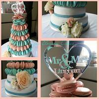 Peach and Turquoise Macaron tower wedding cake