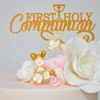 Pretty pastel pink & gold Holy Communion cake