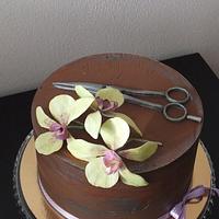 chocolate cake with orchid