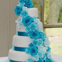 Turquoise Rose Cascade Wedding Cake